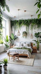 WHITE BED ROOM WITH LOTS OF PLANTS,Nature’s Embrace in a Cozy Haven