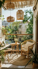 CANE FURNITURE WITH CANE LAMPS,A Balcony Oasis: Your Private Green Escape