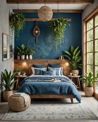 bed room with blue background, A Tranquil Green Retreat