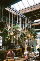 CAFE ROOM WITH GREENERY AND HANGING PLANTS