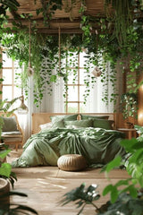 OLIVE GREEN BED ROOM WITH LOTS OF PLANTS
