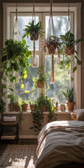 A bedroom filled with nice plants becomes a peaceful sanctuary, where nature gently meets comfort.