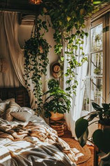 BED ROOM WITH GREEN PLANTS,Let nature cradle you to sleep in a plant-filled sanctuary." "Soft linens, fresh air, and vibrant greens—pure bedroom bliss."