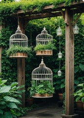 BALCONY HANGING CAGE WITH PLANTS INSIDE,Cozy Green Haven