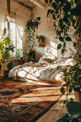 BED ROOM WITH GREEN PLANTS,Let nature cradle you to sleep in a plant-filled sanctuary." "Soft linens, fresh air, and vibrant greens—pure bedroom bliss."