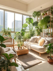 PLANT YOUR DEAMS,LET THEM GROW,The living room comes alive with the vibrant presence of plants, turning the heart ofthe home into a peaceful green retreat