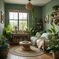 The son's room is a calm, inviting space filled with natural light and bursts of greenery