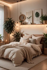 bed room with beige background,Where Serenity Meets Nature