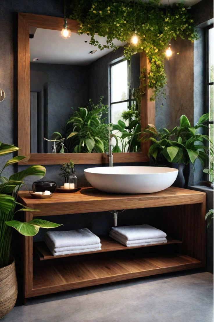 A bathroom with plants transforms into a soothing, spa-like retreat.
