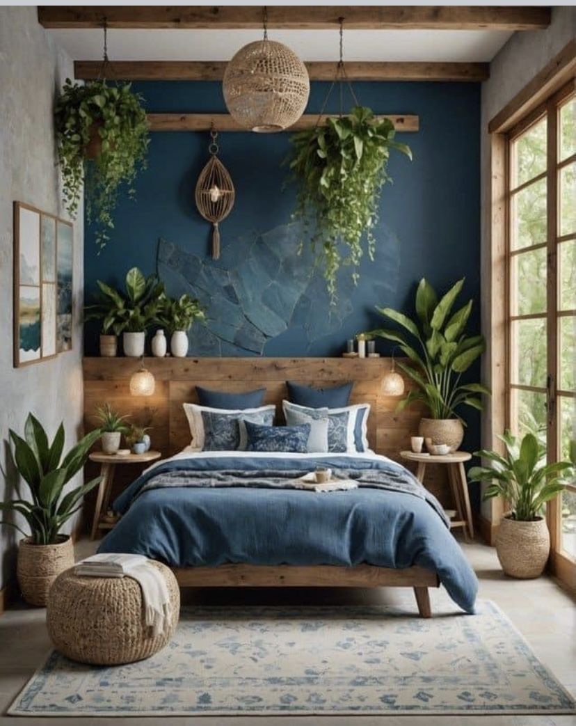 bed room with blue background, A Tranquil Green Retreat