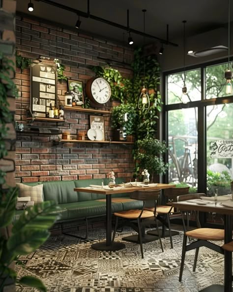 A café room kissed by sunlight, where every corner breathes with green life.