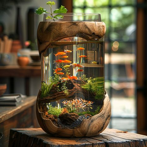Rustic Vertical Wood Aquascape Cylinder Aquarium