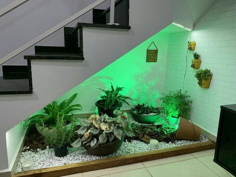 Under-Stair Indoor Garden with Mixed Tropical Foliage & Decorative Lighting-Set of 6