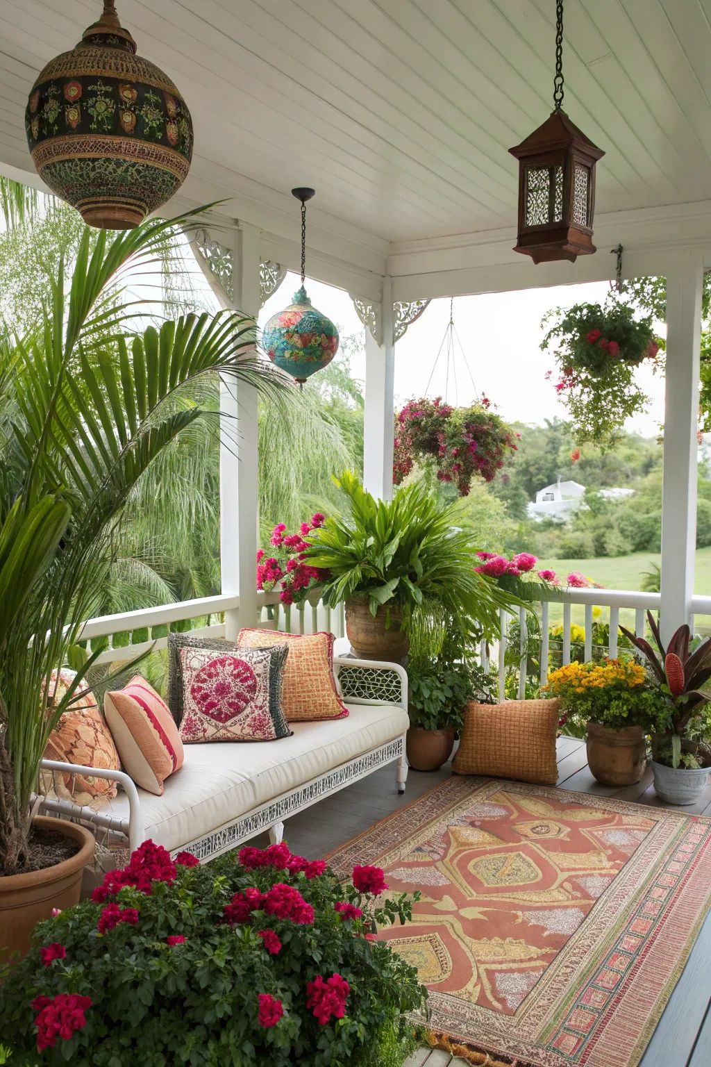 A PICTUREQUE PORCH,BLOOMIMG WITH CHARM AND GREENERY