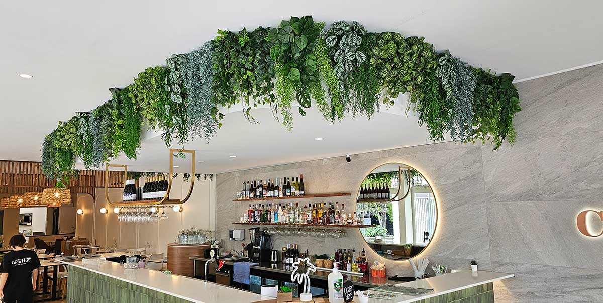 RECEPTION WITH BRIGHT CEILING FRESH HANGING PLANTS