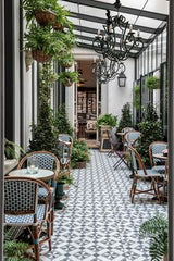 CAFE  ROOM,By integrating plants into both indoor and outdoor café spaces,