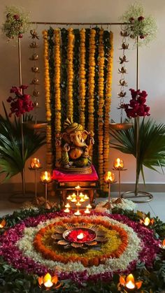 GANPATI DECORATION WITH FRESH FLOWERS,Celebrate Ganpati with the purity and beauty of plants that echo devotion and