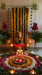 GANPATI DECORATION WITH FRESH FLOWERS,Celebrate Ganpati with the purity and beauty of plants that echo devotion and
